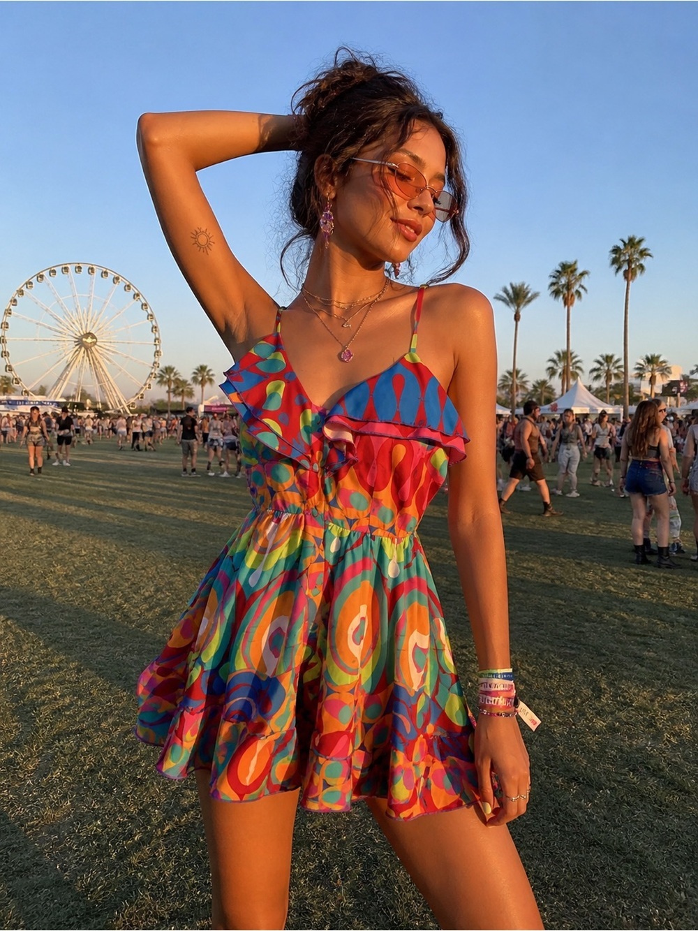 Vintage Psychedelic Ruffle Mini Dress Y2K Festival Rave Coachella S